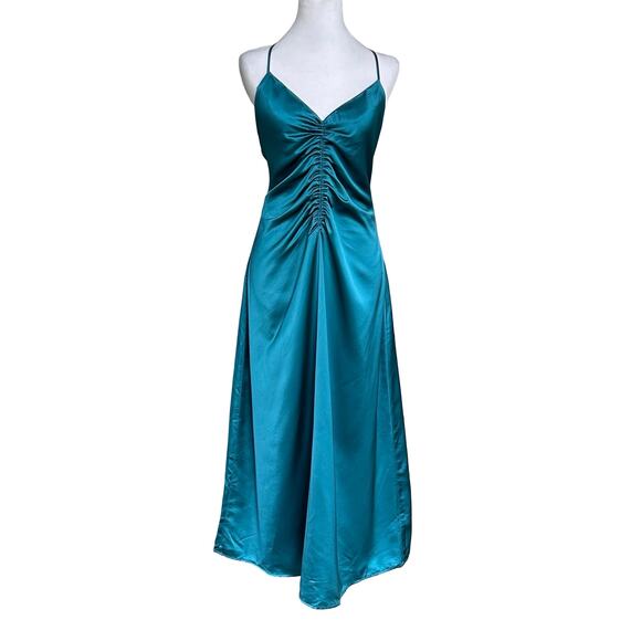 Jason Wu Teal Satin Midi Ruched Slip Dress Large Wedding Guest Event Cocktail - Picture 2 of 10